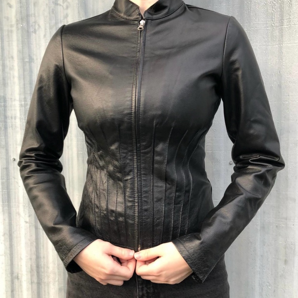 Guess Black Leather Ribbed Jacket | S - Picture 2 of 10